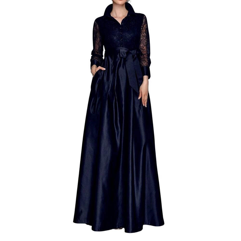 Elegant Navy Maxi Dress with Lace Bodice and Satin Skirt